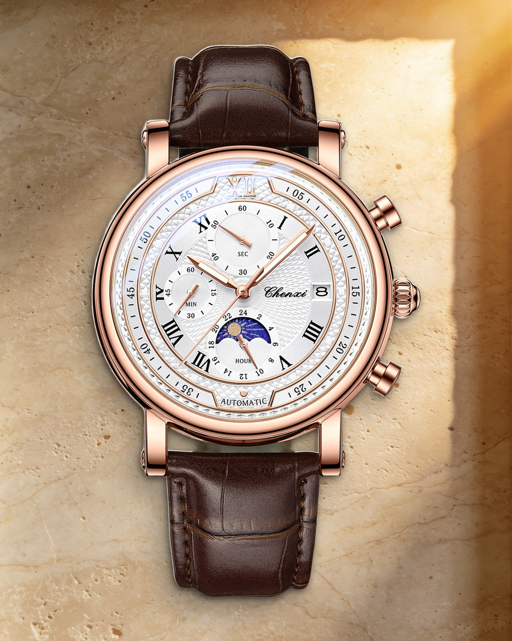 1GW Brown / White layered Roman-dial quartz watch with rose-gold case