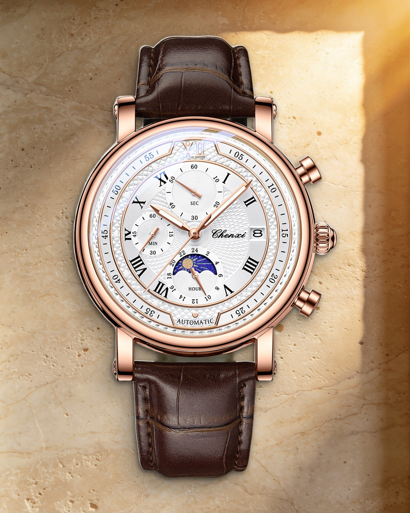 1GW Brown / White layered Roman-dial quartz watch with rose-gold case