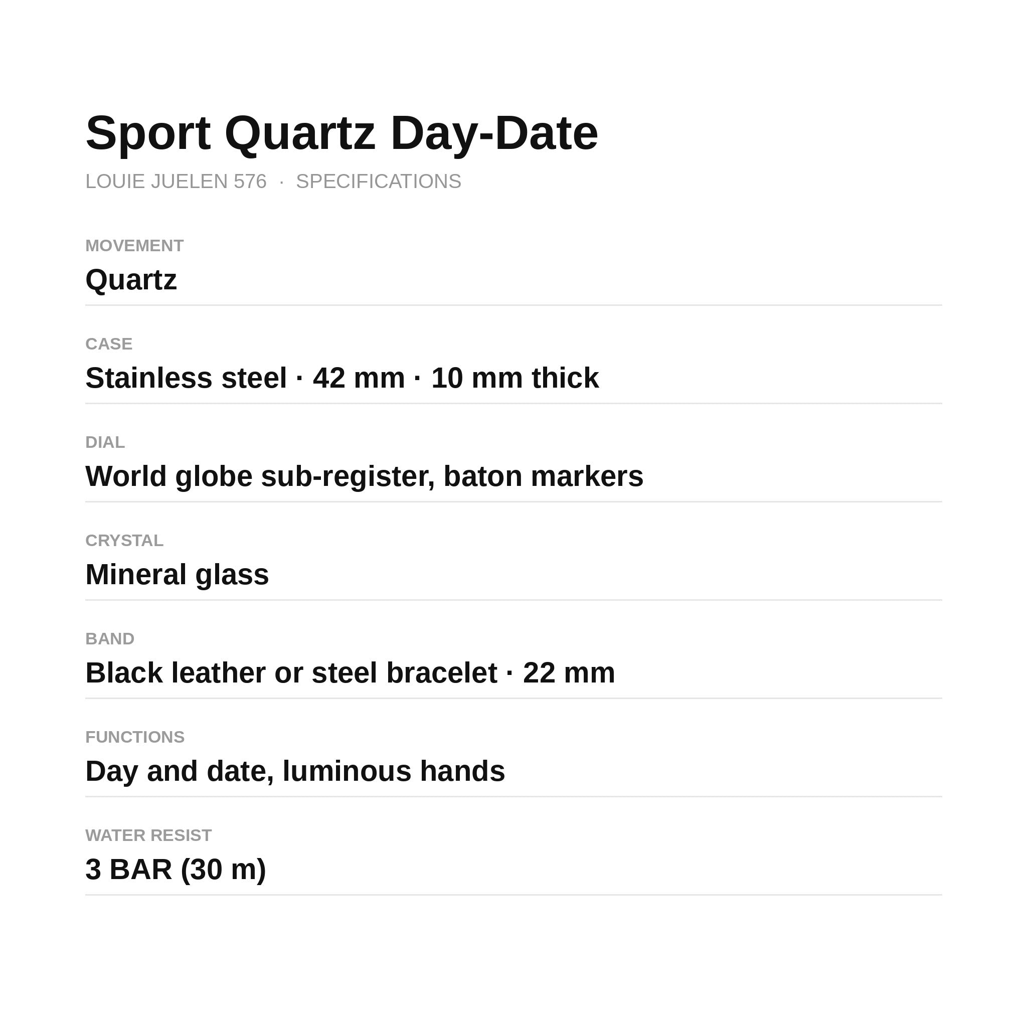 LOUIE JUELEN 576 sport quartz day-date specifications