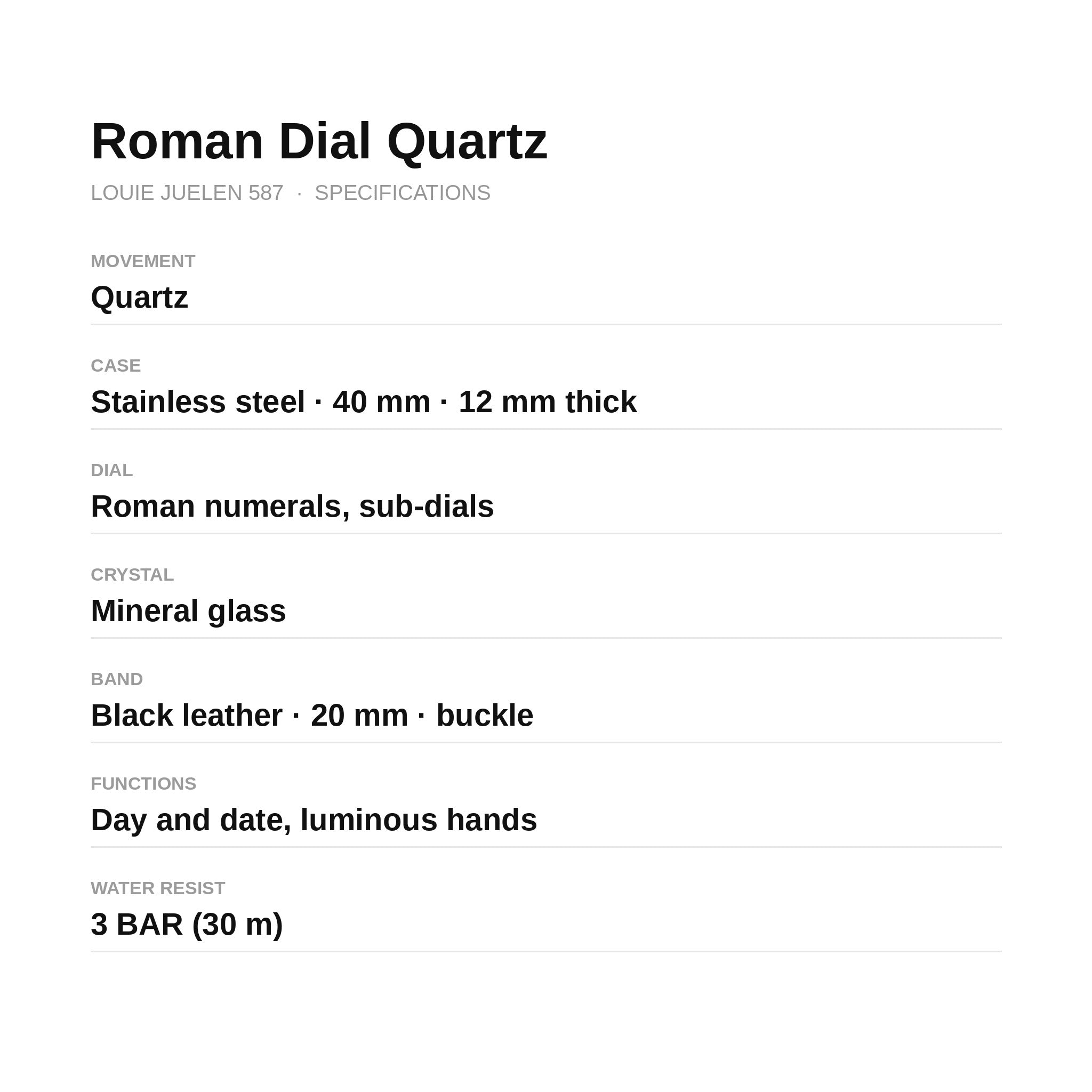 LOUIE JUELEN 587 Roman-dial quartz specifications