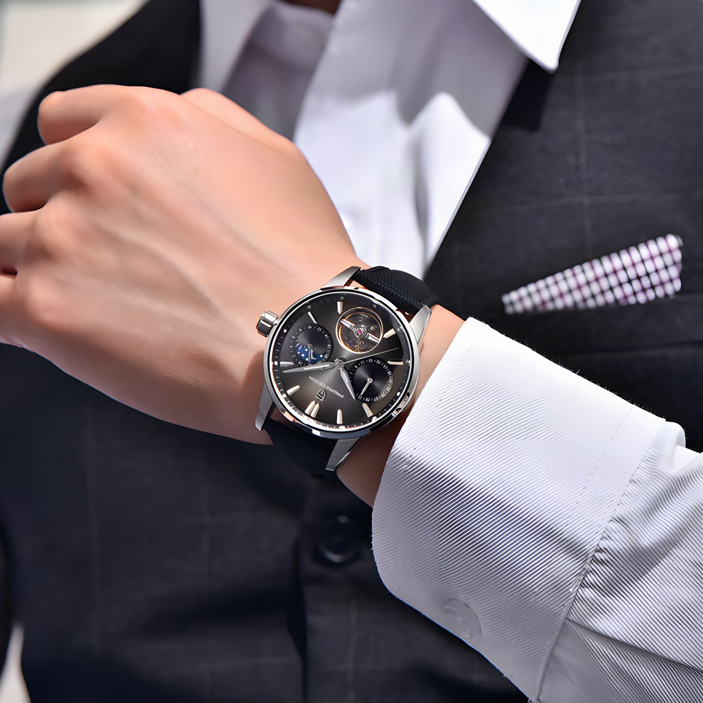 Pagani Design YS021 Silver Black automatic watch worn with a suit cuff