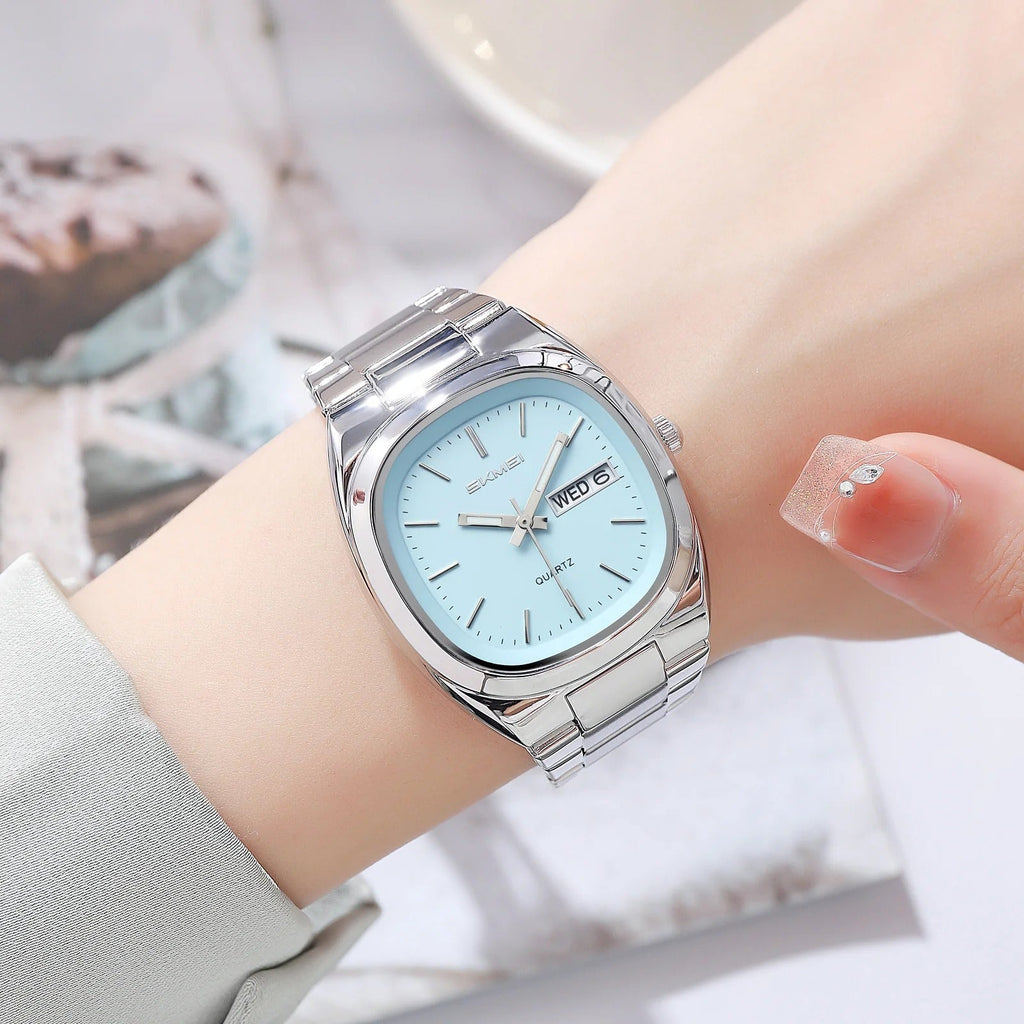 SKMEI 2420 cushion date watch, silver case blue dial, front