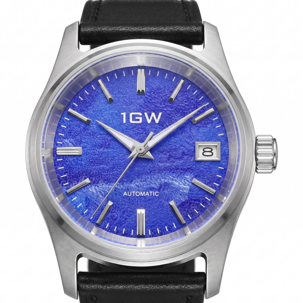 1GW Purple Texture Automatic 36mm - close watch-head view of the frosted violet-blue textured dial, applied markers and date window