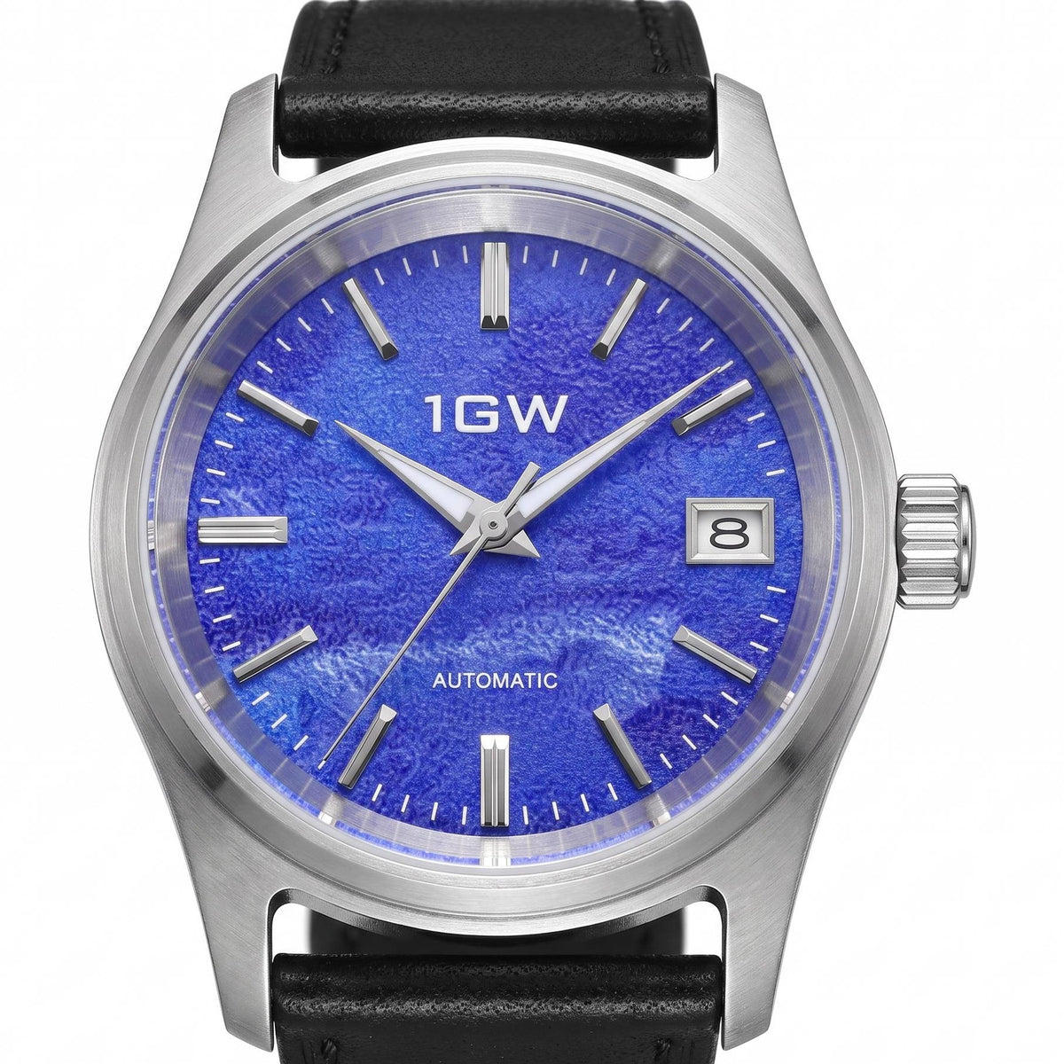 1GW Purple Texture Automatic 36mm - close watch-head view of the frosted violet-blue textured dial, applied markers and date window