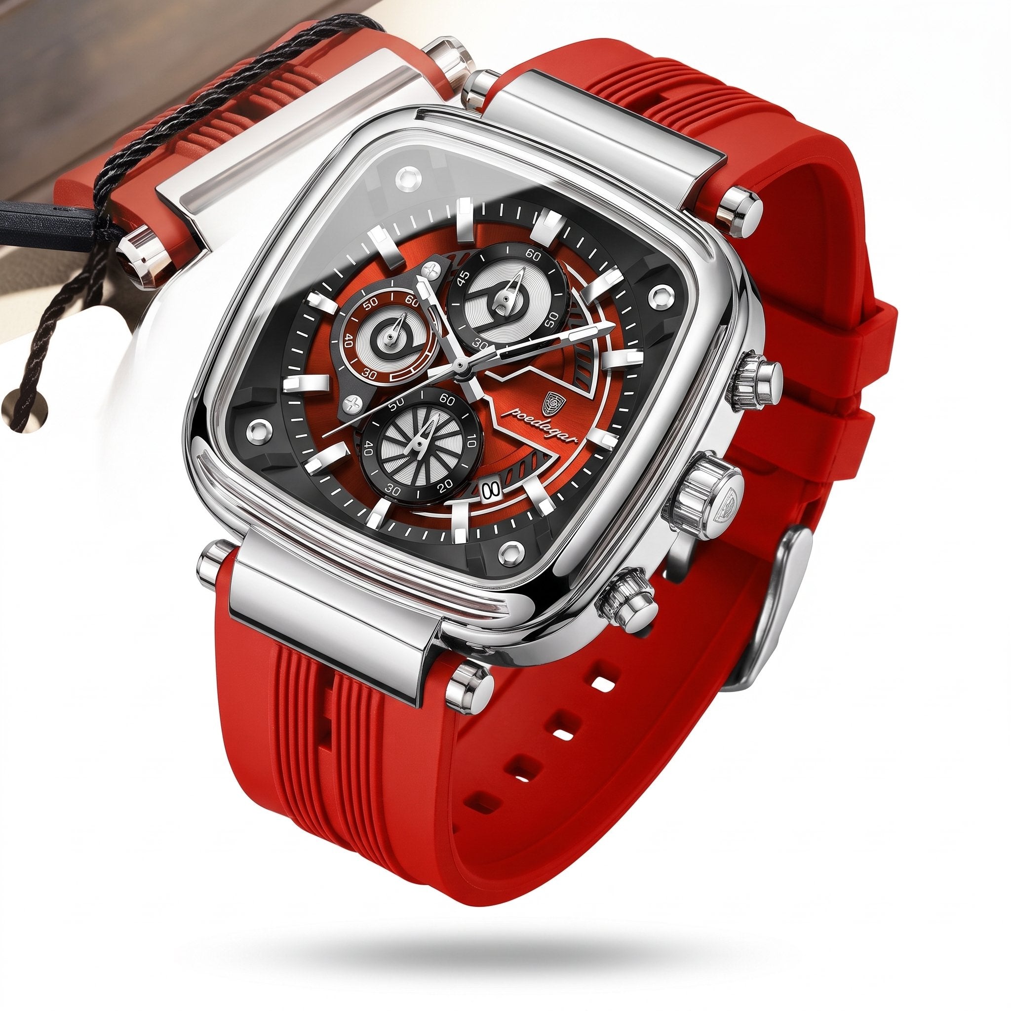 POEDAGAR 849 silver square chronograph with red dial accents and red silicone strap, studio hero