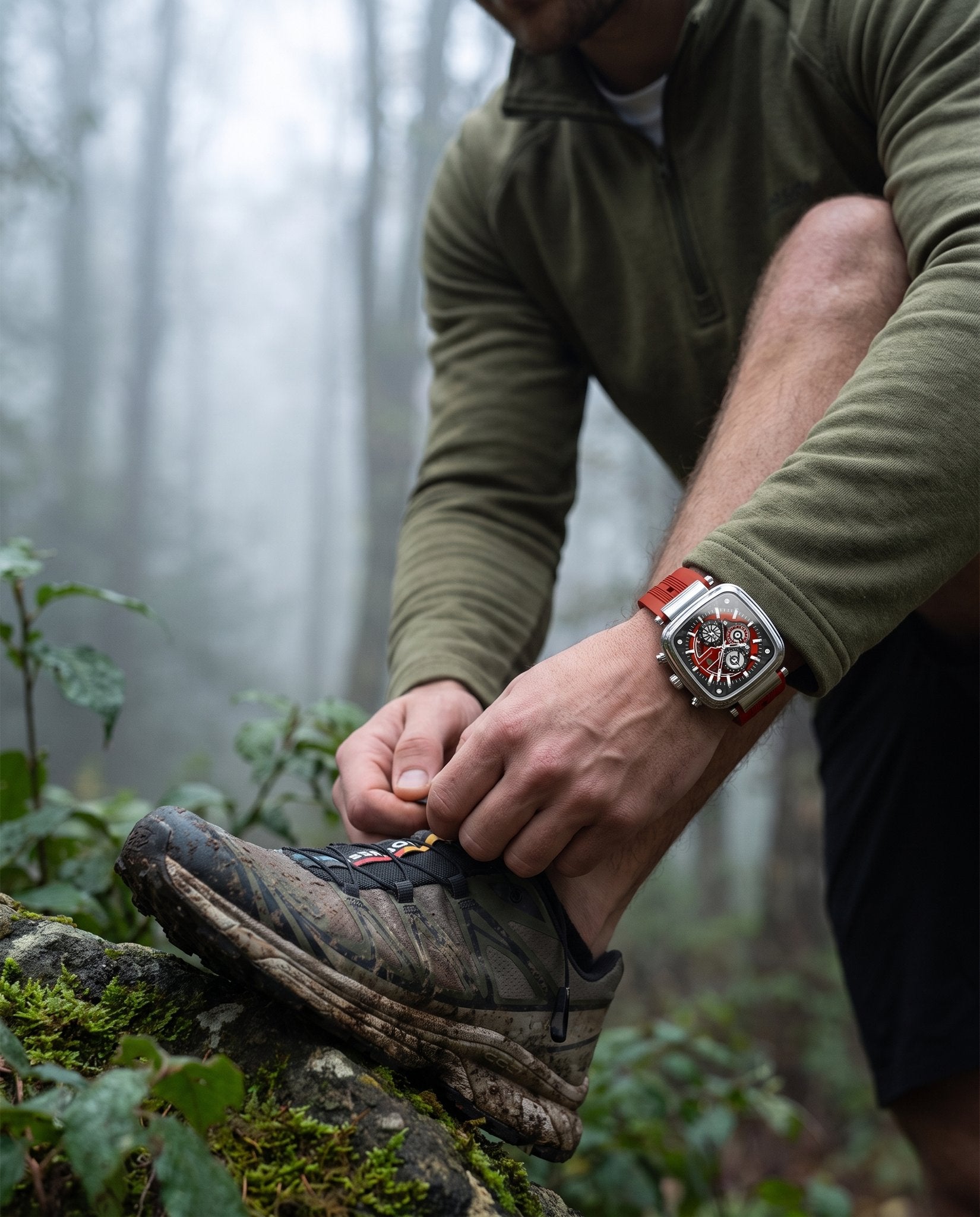 Man outdoors on a trail wearing the POEDAGAR 849 square chronograph