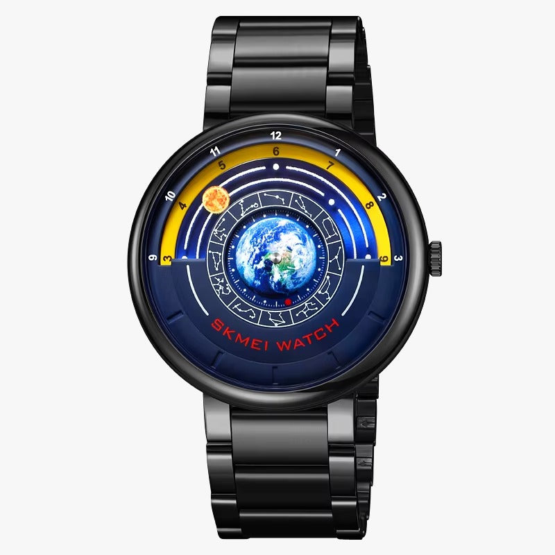 SKMEI 2361 Black case with globe dial, straight-on view