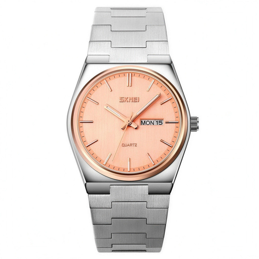 SKMEI 9288 oval-case quartz watch, rose gold dial with steel bracelet