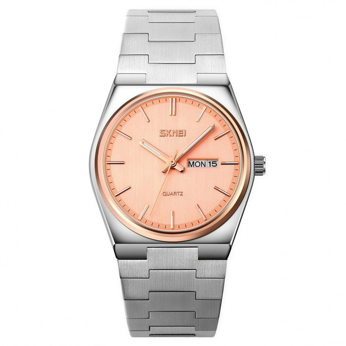 SKMEI 9288 oval-case quartz watch, rose gold dial with steel bracelet