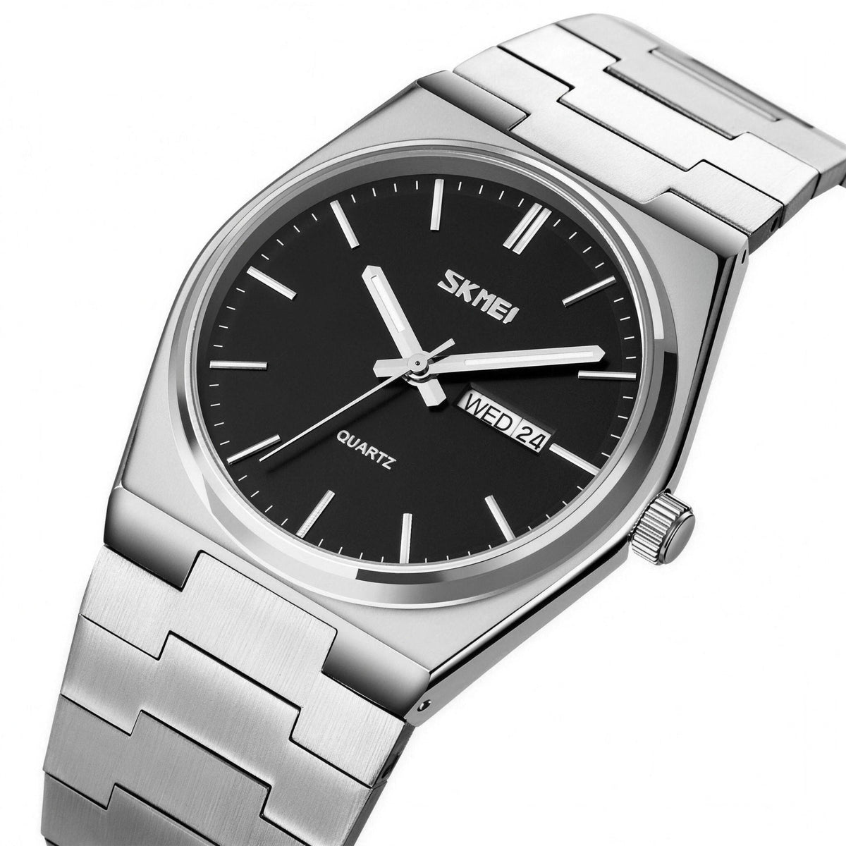 SKMEI 9288 oval-case quartz watch, silver case with black dial and steel bracelet