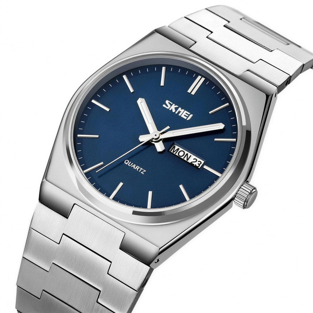 SKMEI 9288 oval-case quartz watch, silver case with blue dial and steel bracelet