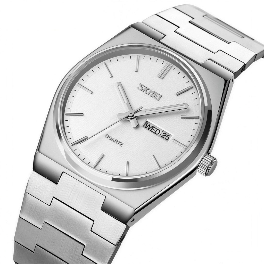 SKMEI 9288 oval-case quartz watch, silver case with white dial and steel bracelet