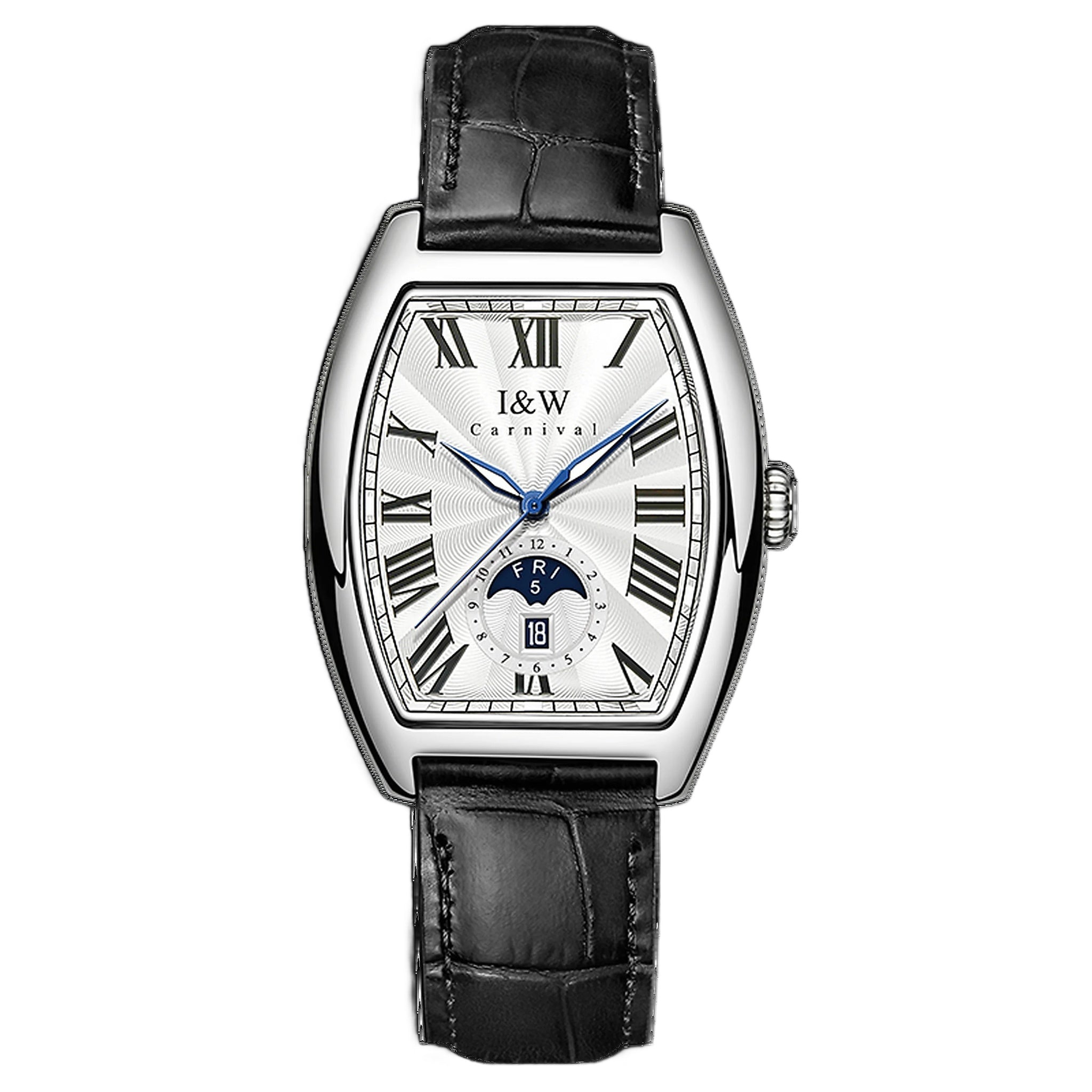 Carnival IW55810G automatic watch with white Roman numeral dial and black leather strap, white background