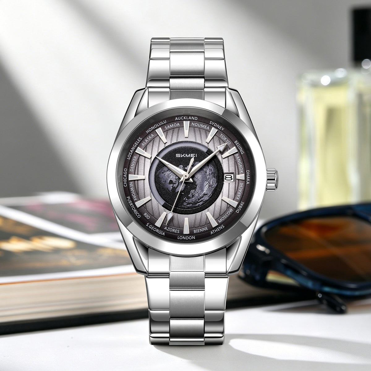 SKMEI 9399 automatic globe watch with silver case and black dial