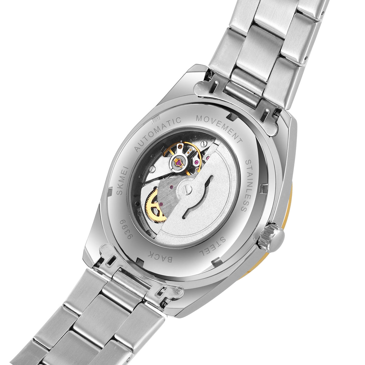 SKMEI 9399 exhibition caseback showing the automatic movement rotor and balance