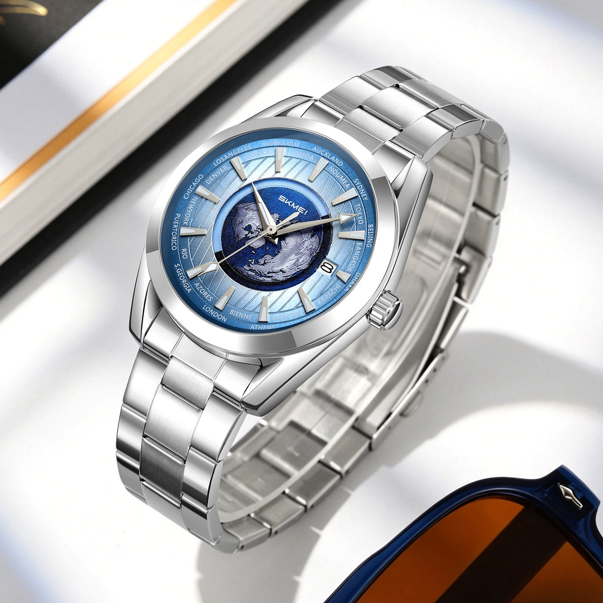 SKMEI 9399 automatic globe watch with silver case and blue dial