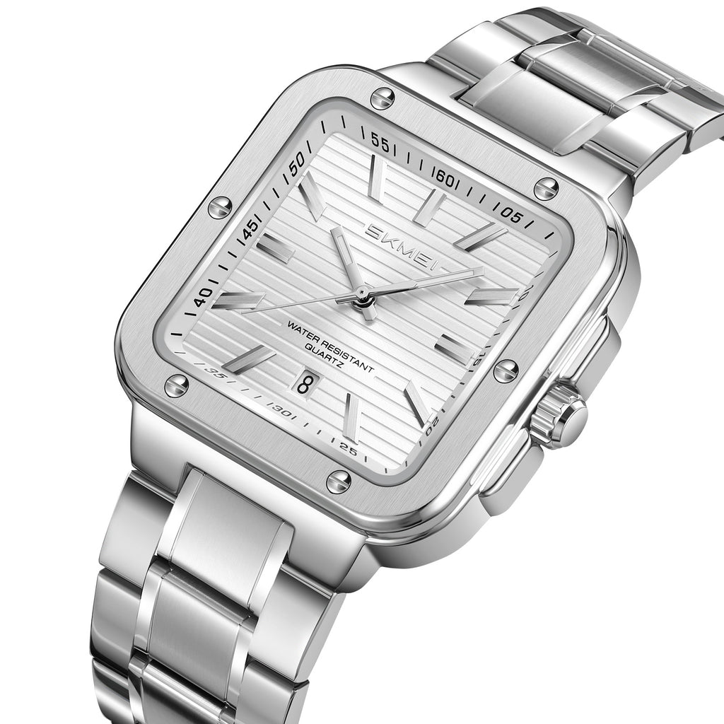 SKMEI 9403 Silver dial, angled view with bezel screws and crown