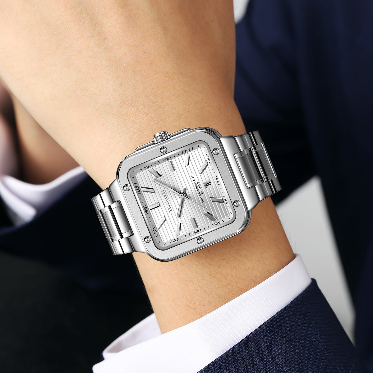 SKMEI 9403 Silver dial watch worn on wrist