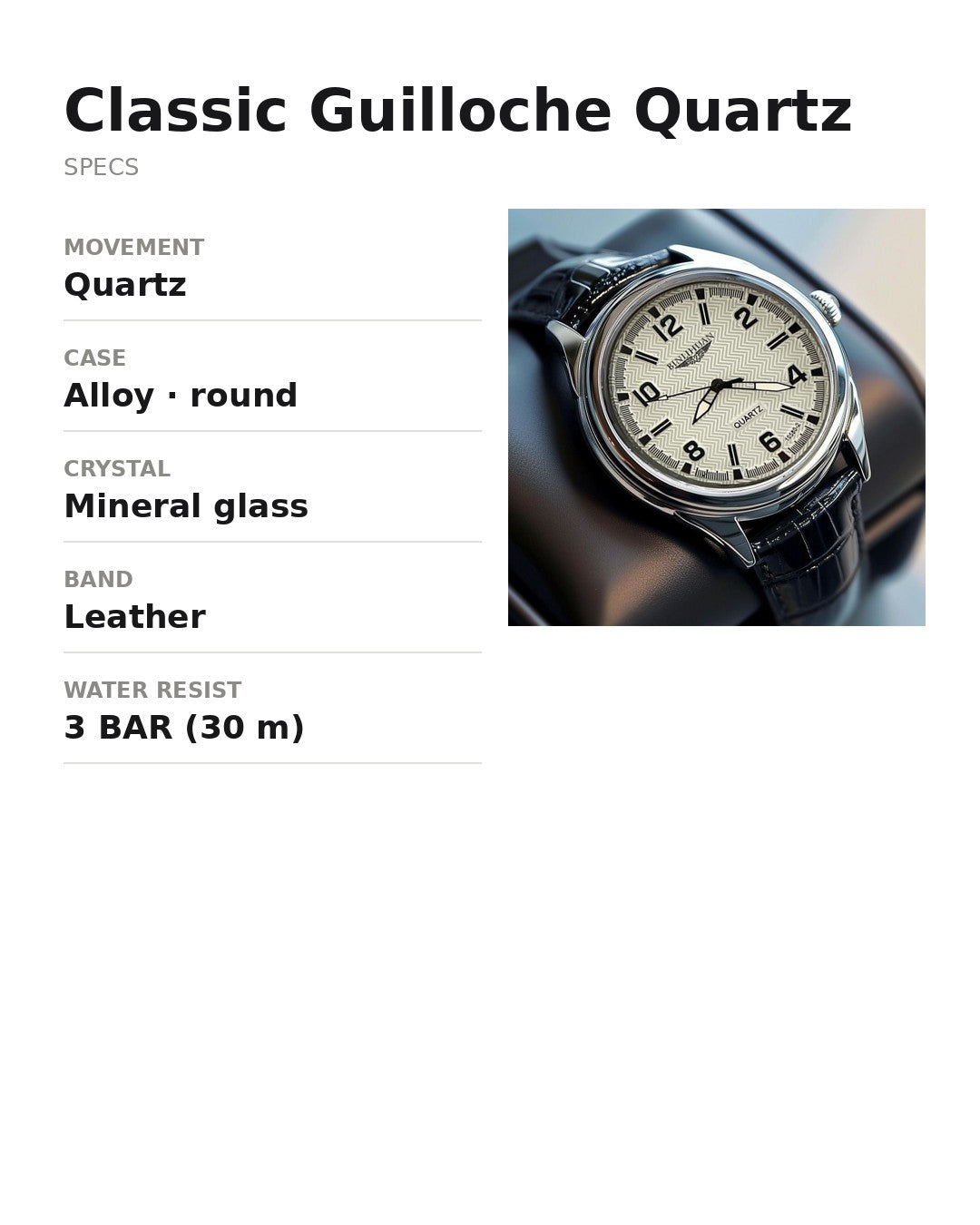 AWC textured cream-dial quartz watch specifications and details