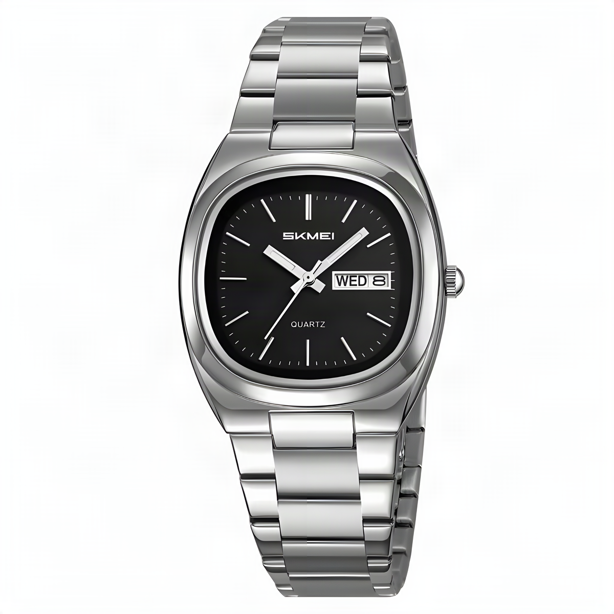 SKMEI 2420 cushion date watch, silver case black dial