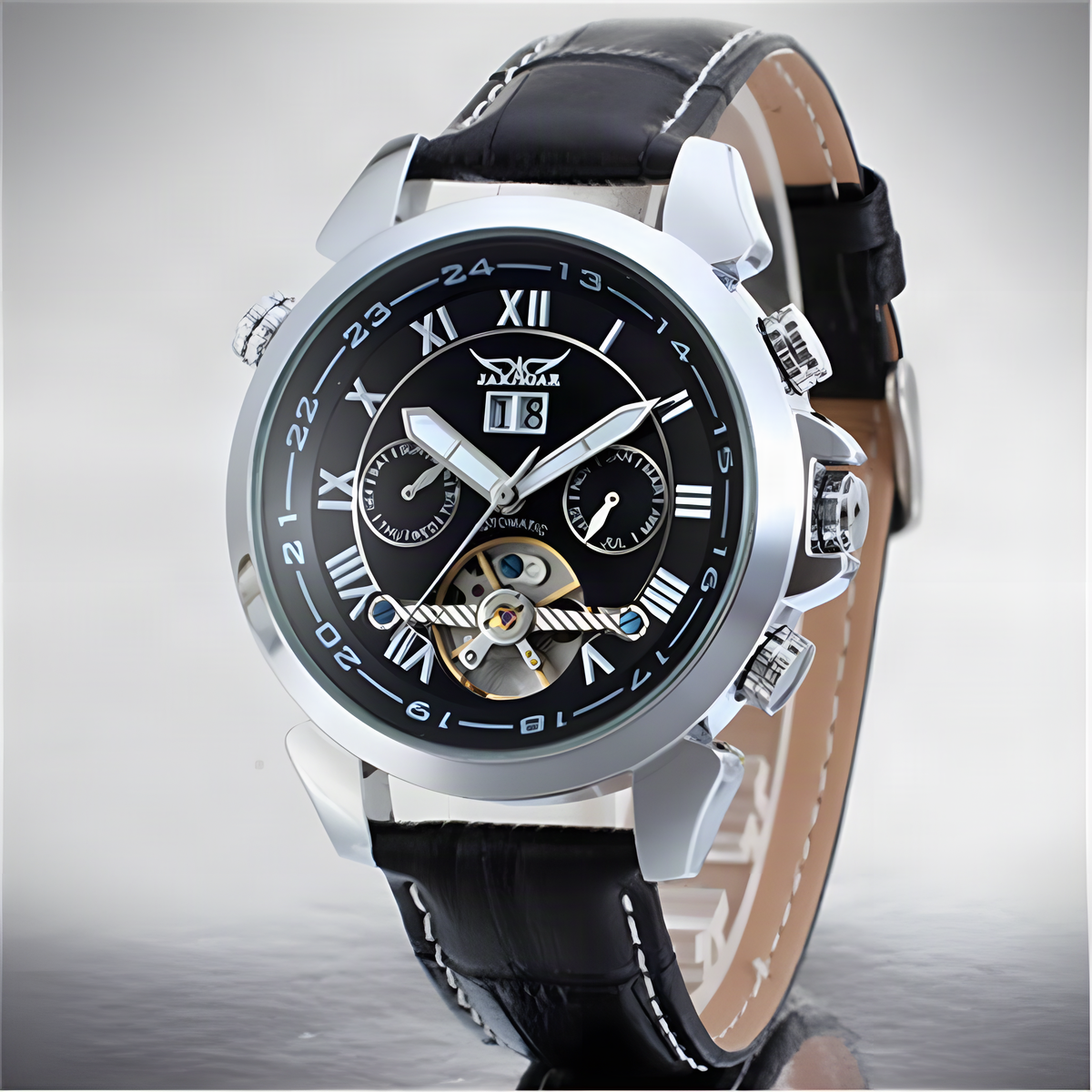 JARAGAR automatic open-heart watch, black dial and silver case