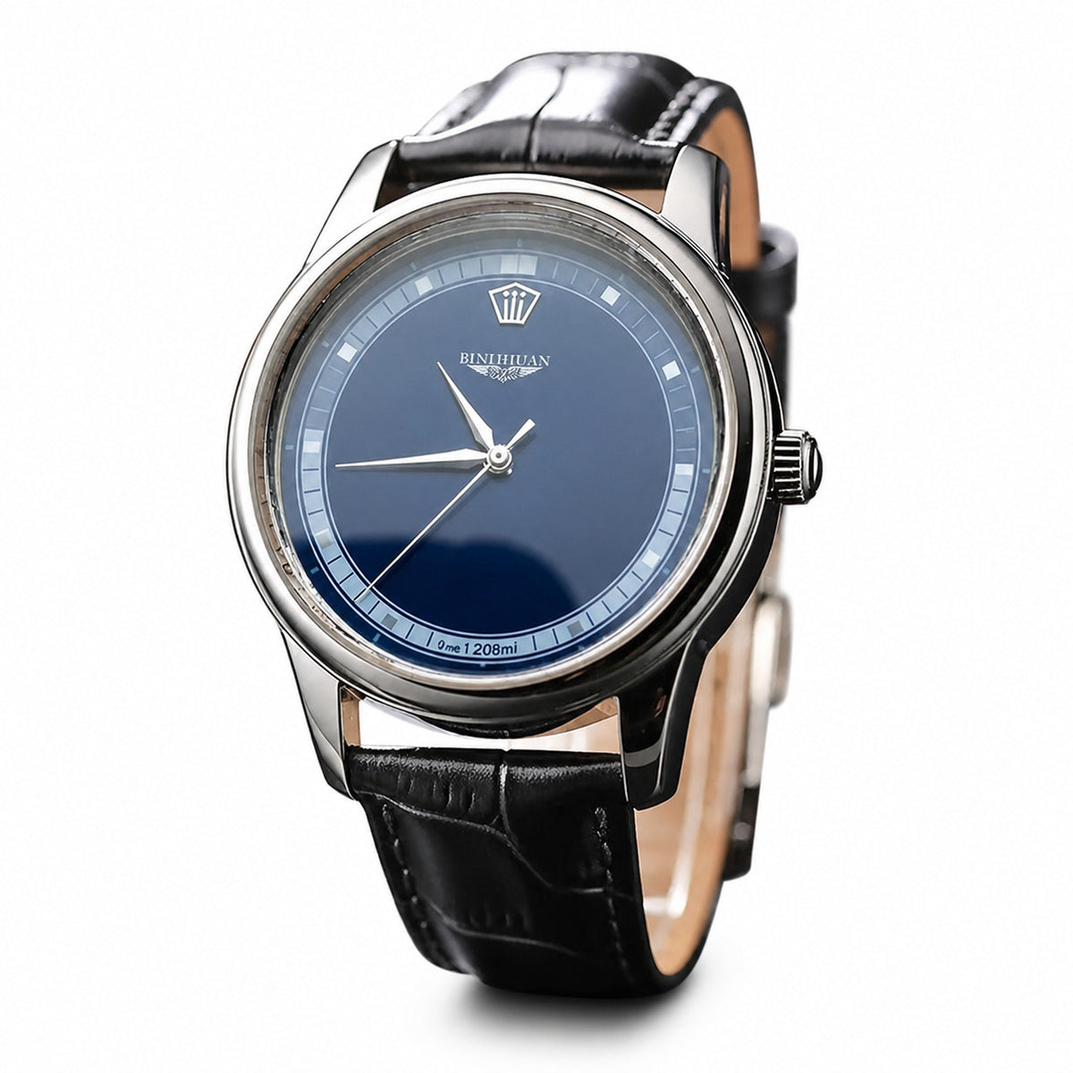 BINIHUAN blue-dial quartz watch with black leather strap on white background