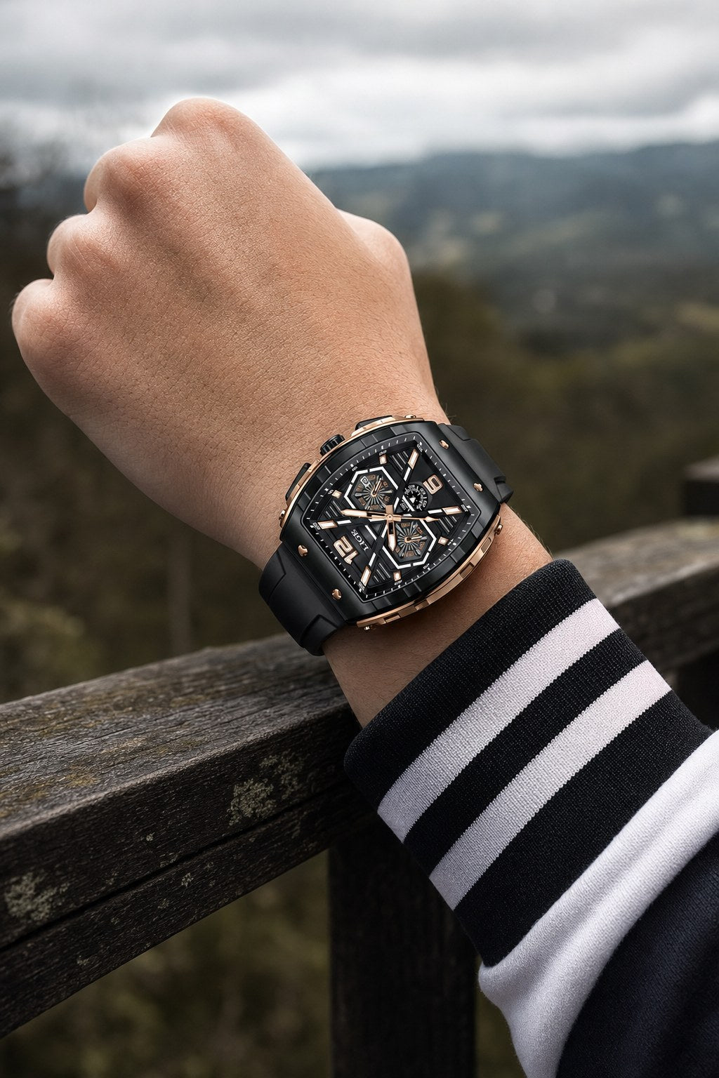 LIGE 89108 Gold and Black quartz sport watch worn outdoors