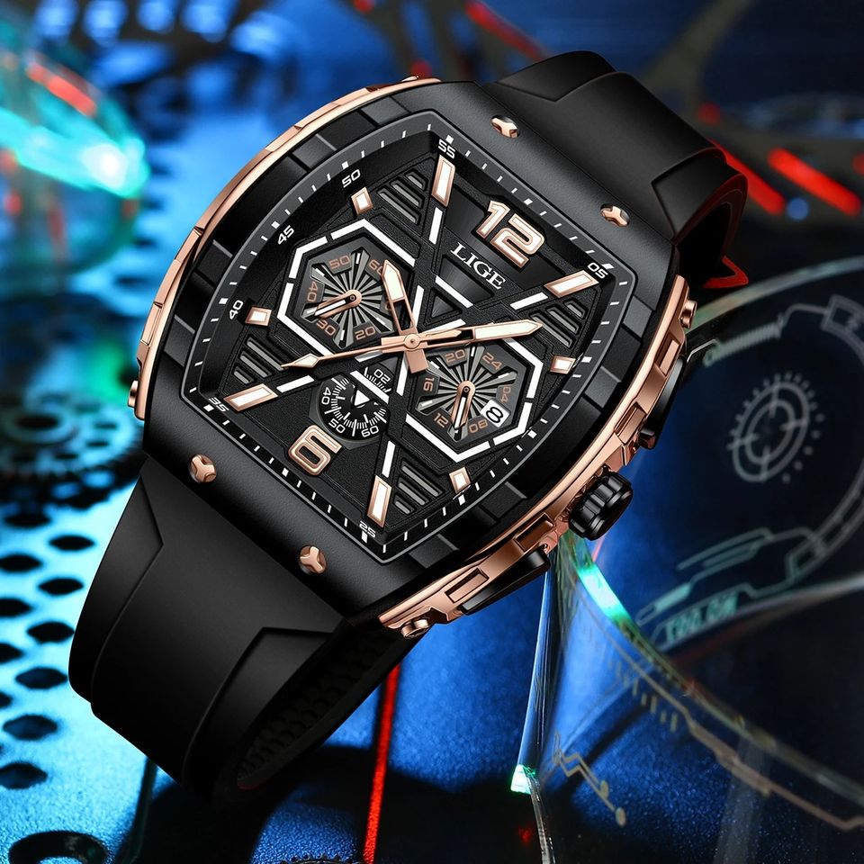 LIGE 89108 Gold and Black quartz sport watch in a cinematic product setting