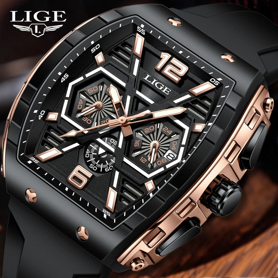 Close-up detail of the LIGE 89108 Gold and Black quartz sport watch