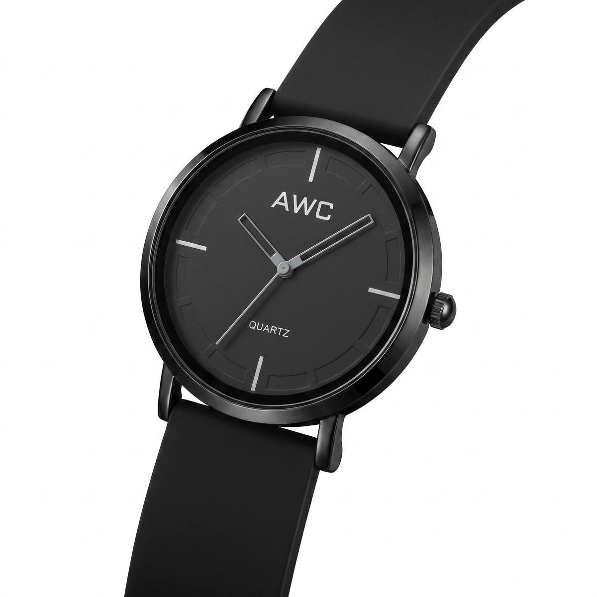 AWC Minimalist Quartz black dial watch, three-quarter view showing case side, crown and lugs