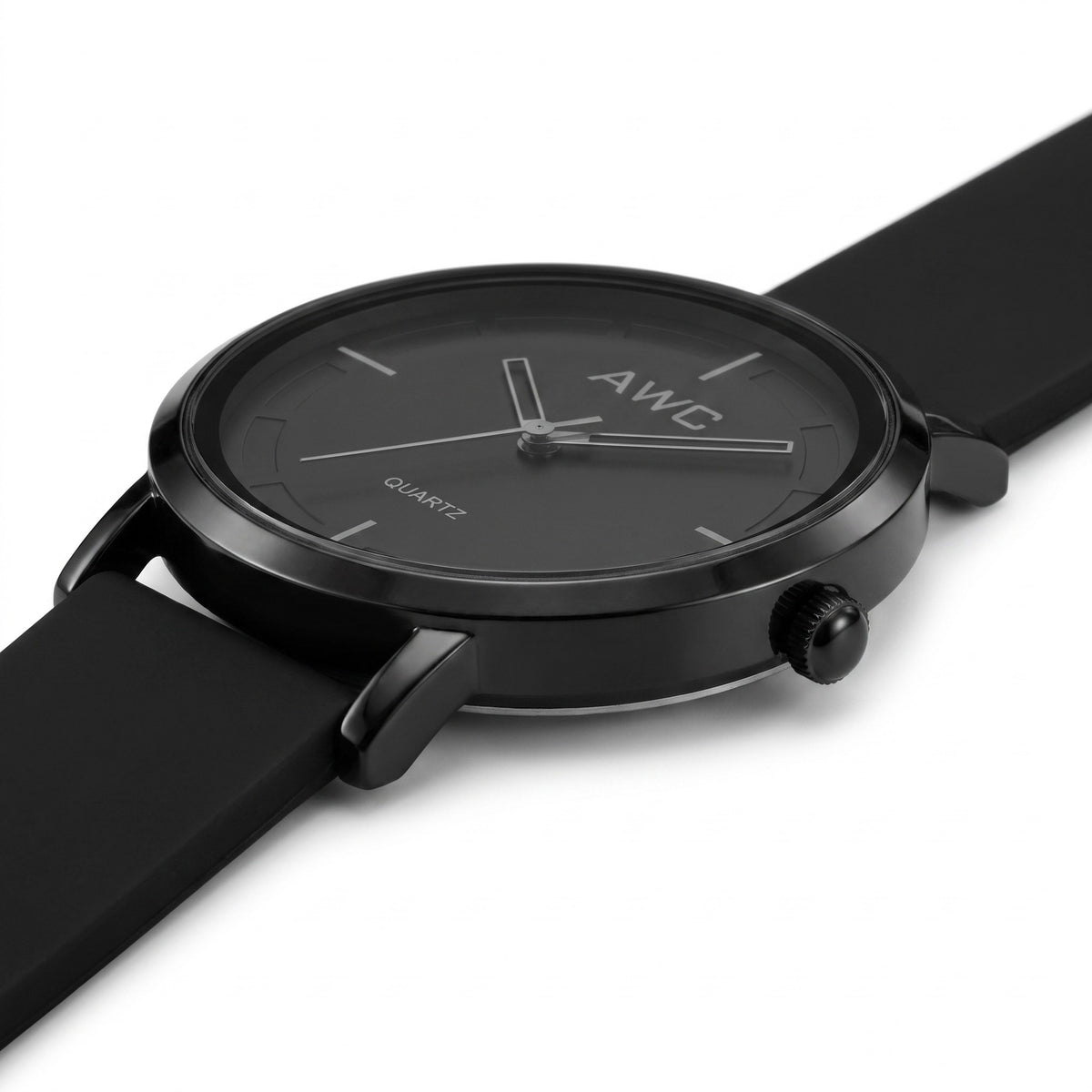 AWC Minimalist Quartz black dial watch, low side profile showing the 8.8mm case thickness and crown