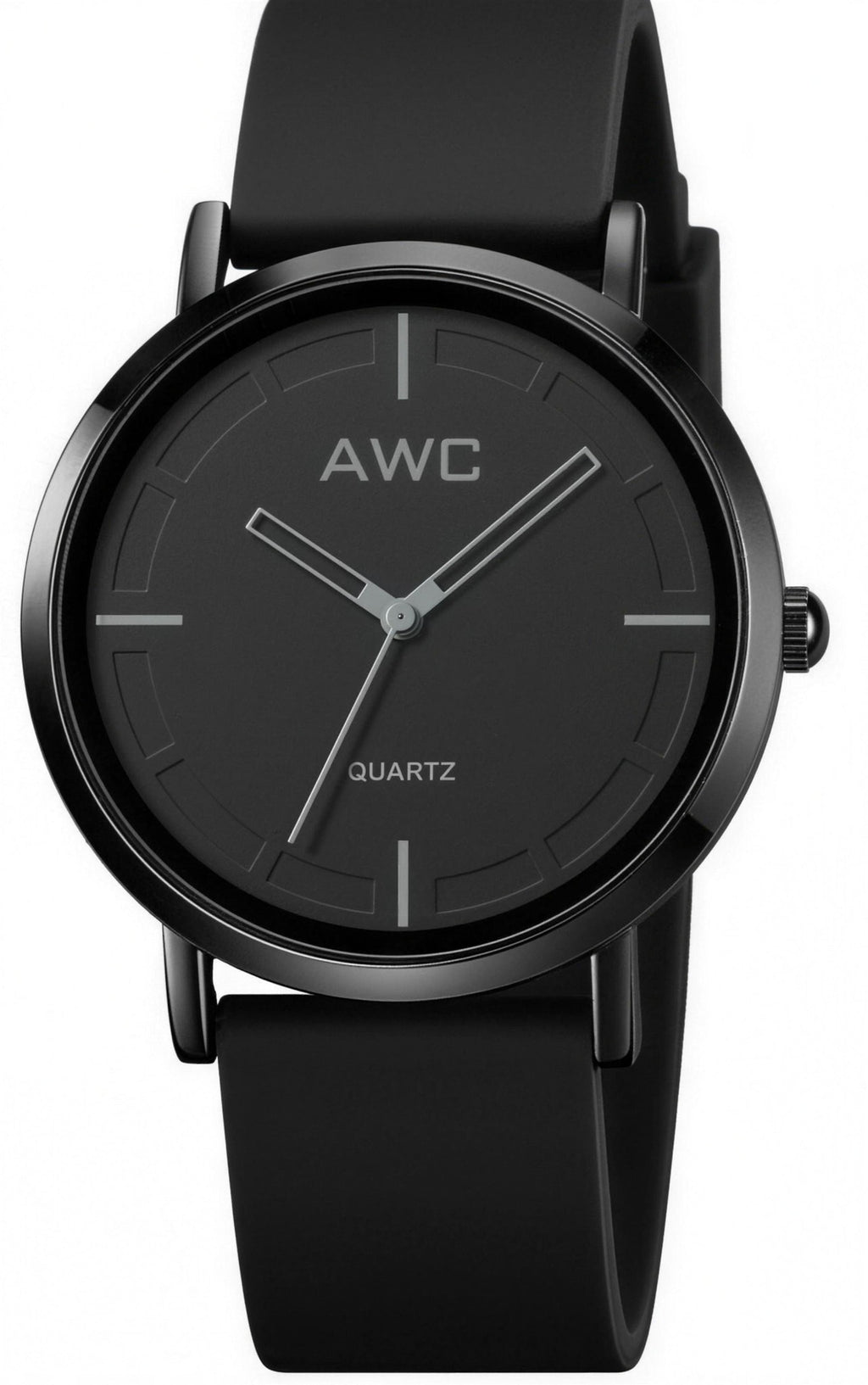AWC Minimalist Quartz watch, black dial and black silicone strap, front view on white