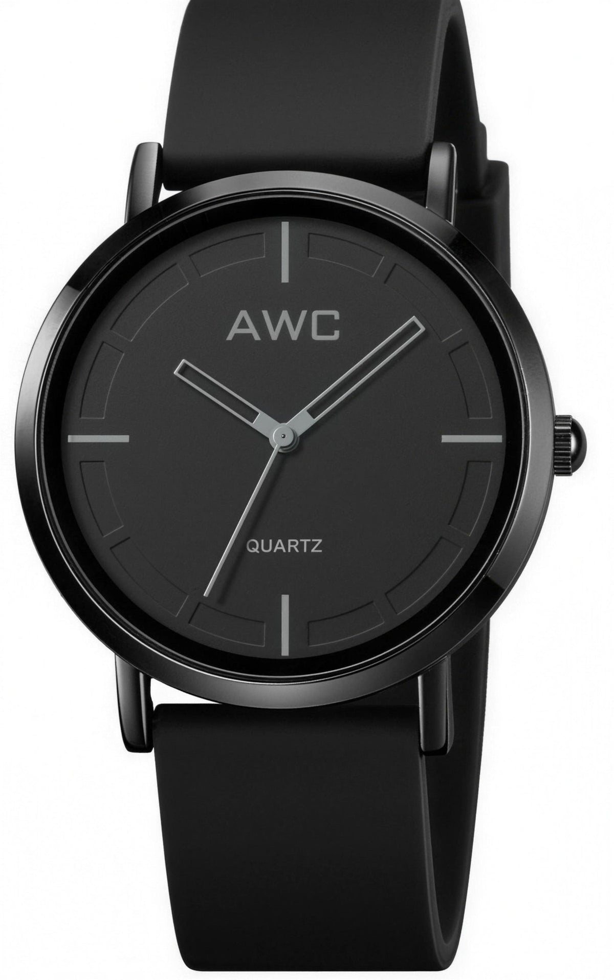 AWC Minimalist Quartz watch, black dial and black silicone strap, front view on white