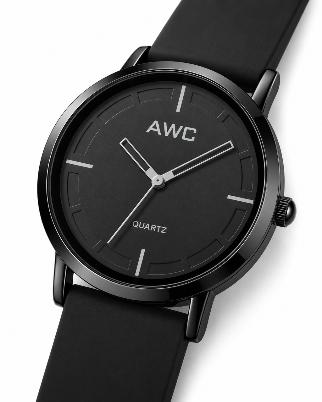 AWC Minimalist Quartz black dial watch, three-quarter product view on white