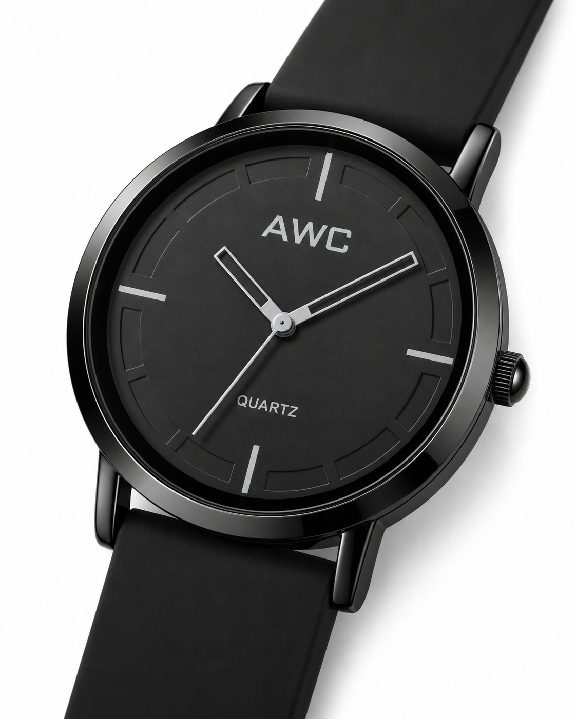 AWC Minimalist Quartz black dial watch, three-quarter product view on white