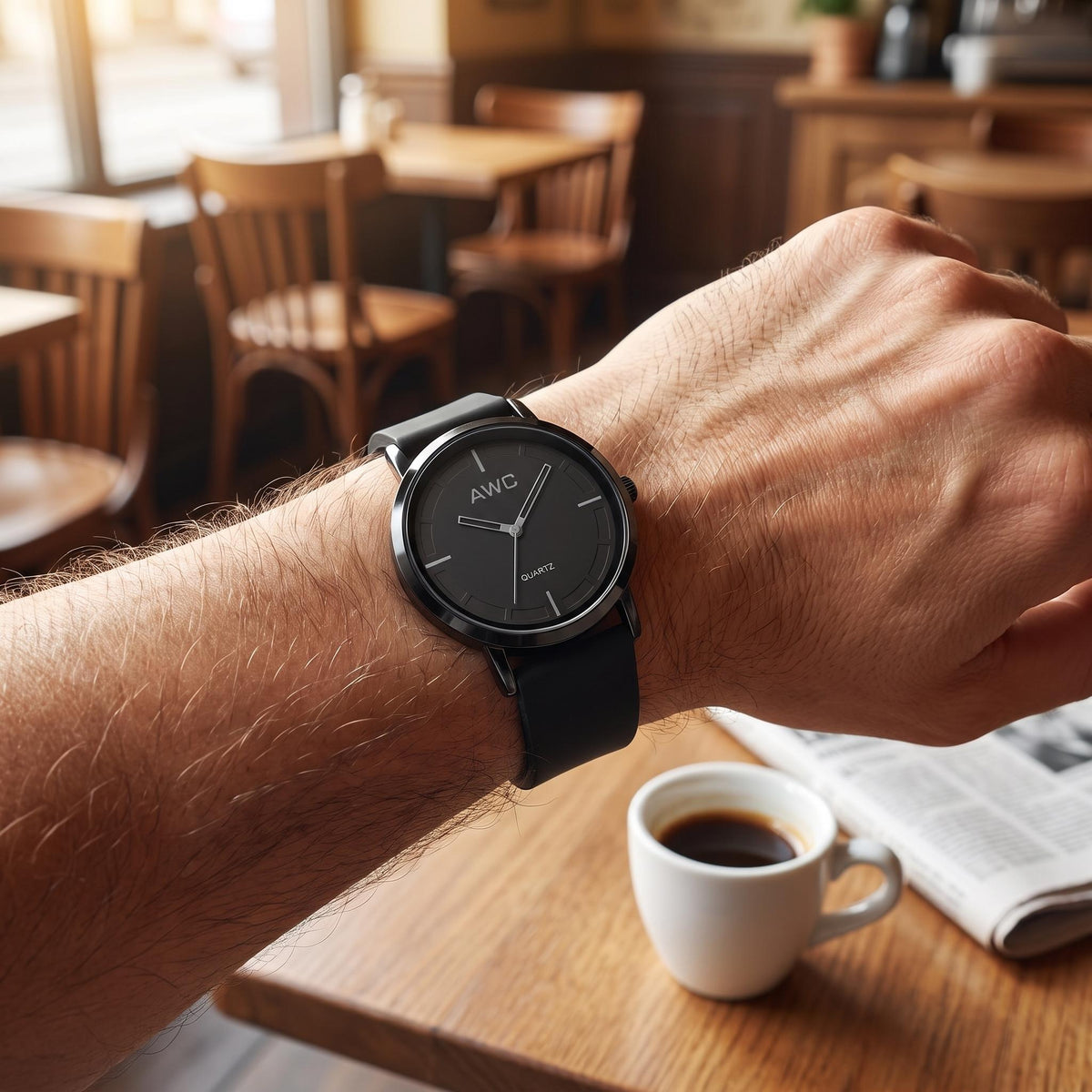 AWC Minimalist Quartz black dial watch worn on the wrist at a cafe table with an espresso