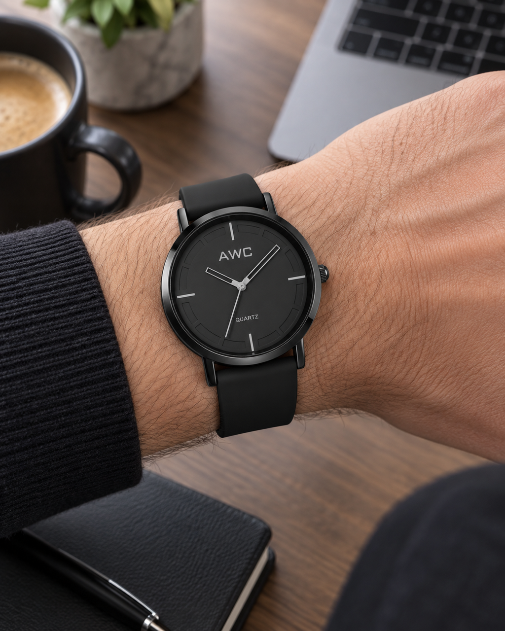 AWC Minimalist Quartz black dial watch worn at a desk with laptop and coffee