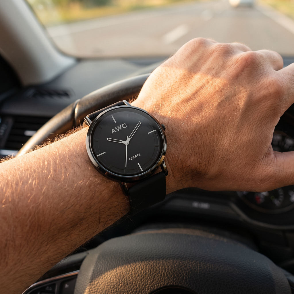 AWC Minimalist Quartz black dial watch worn on the wrist while driving