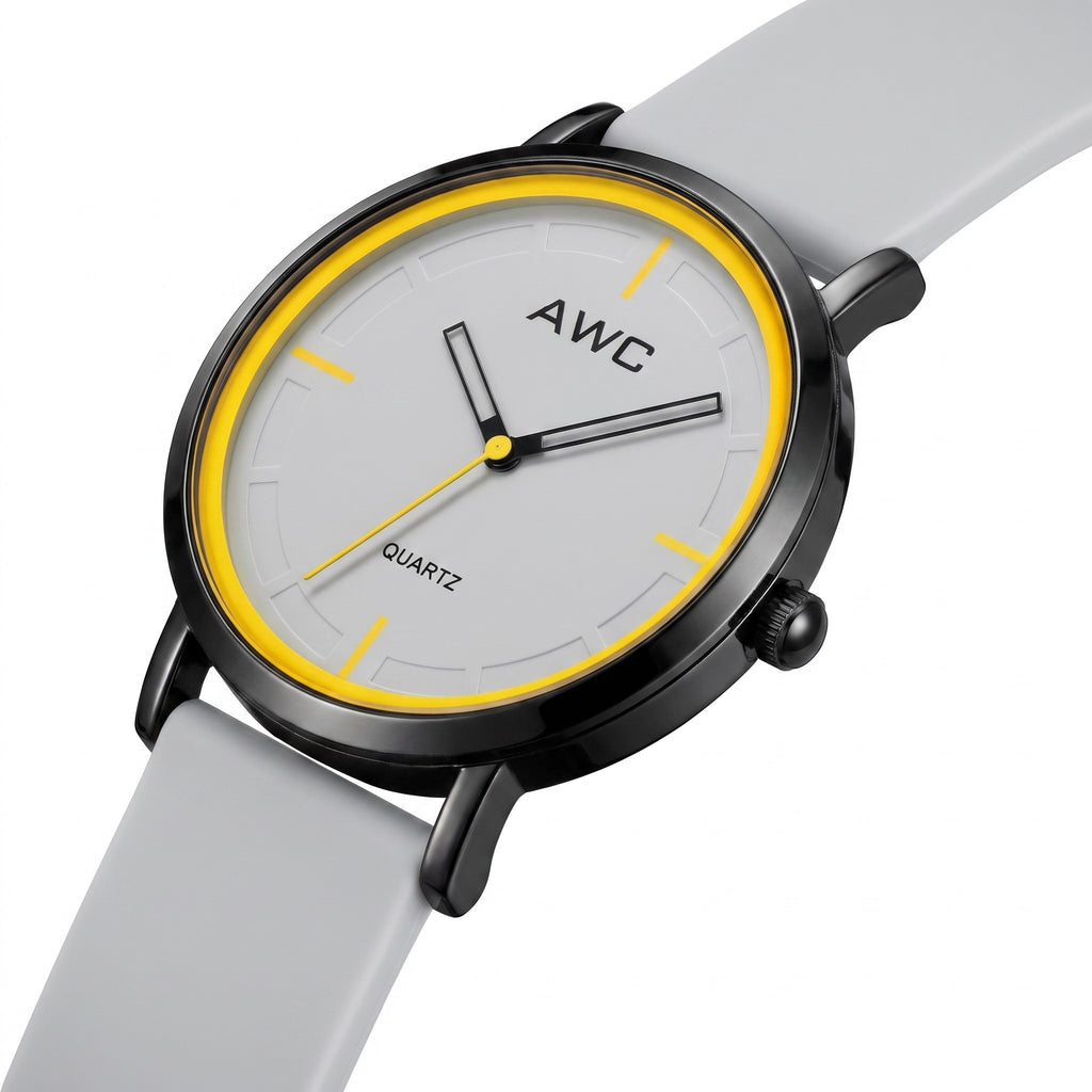 AWC Minimalist Quartz grey dial watch with yellow ring, three-quarter view showing case side and crown