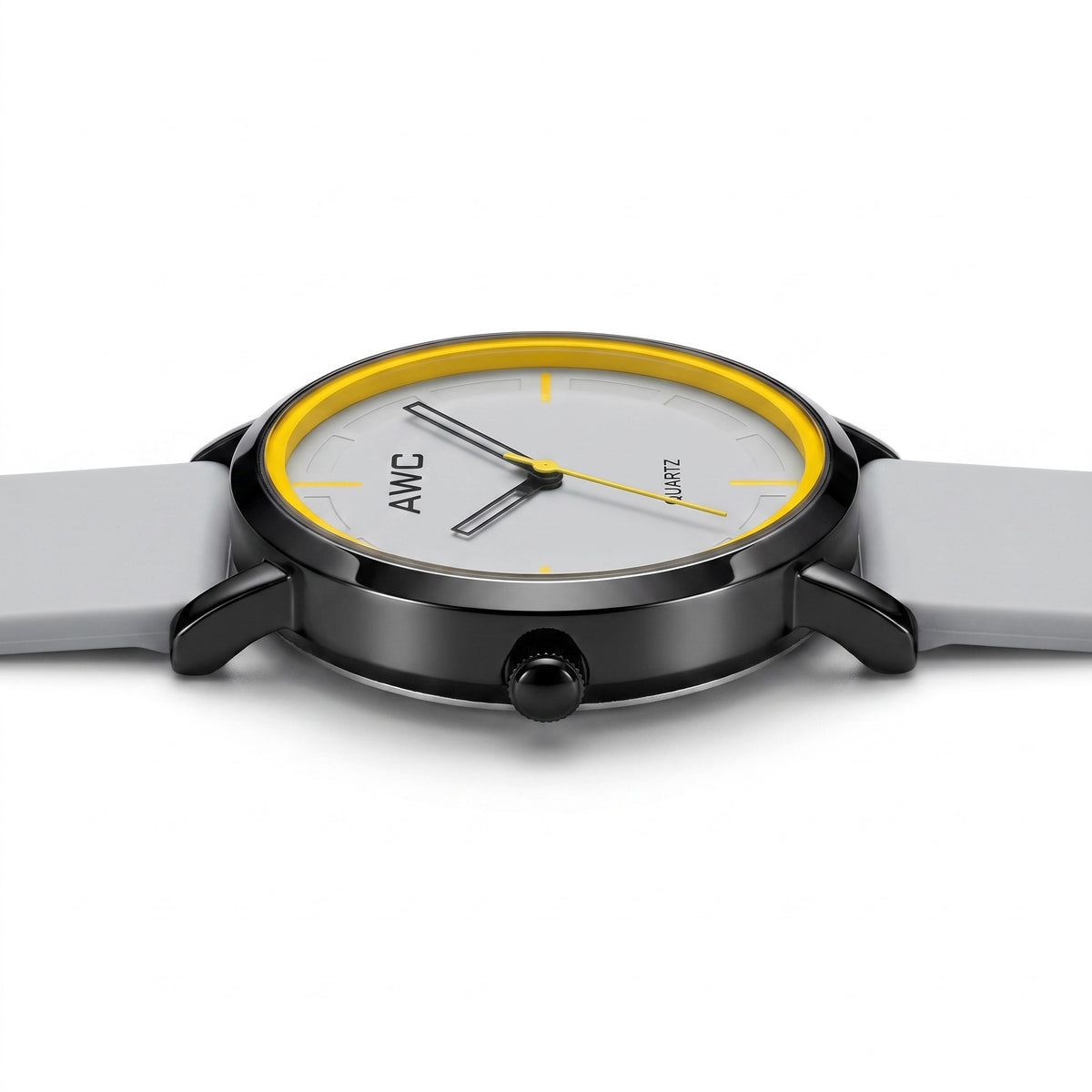 AWC Minimalist Quartz grey dial watch, low side profile showing the 8.8mm case thickness and crown