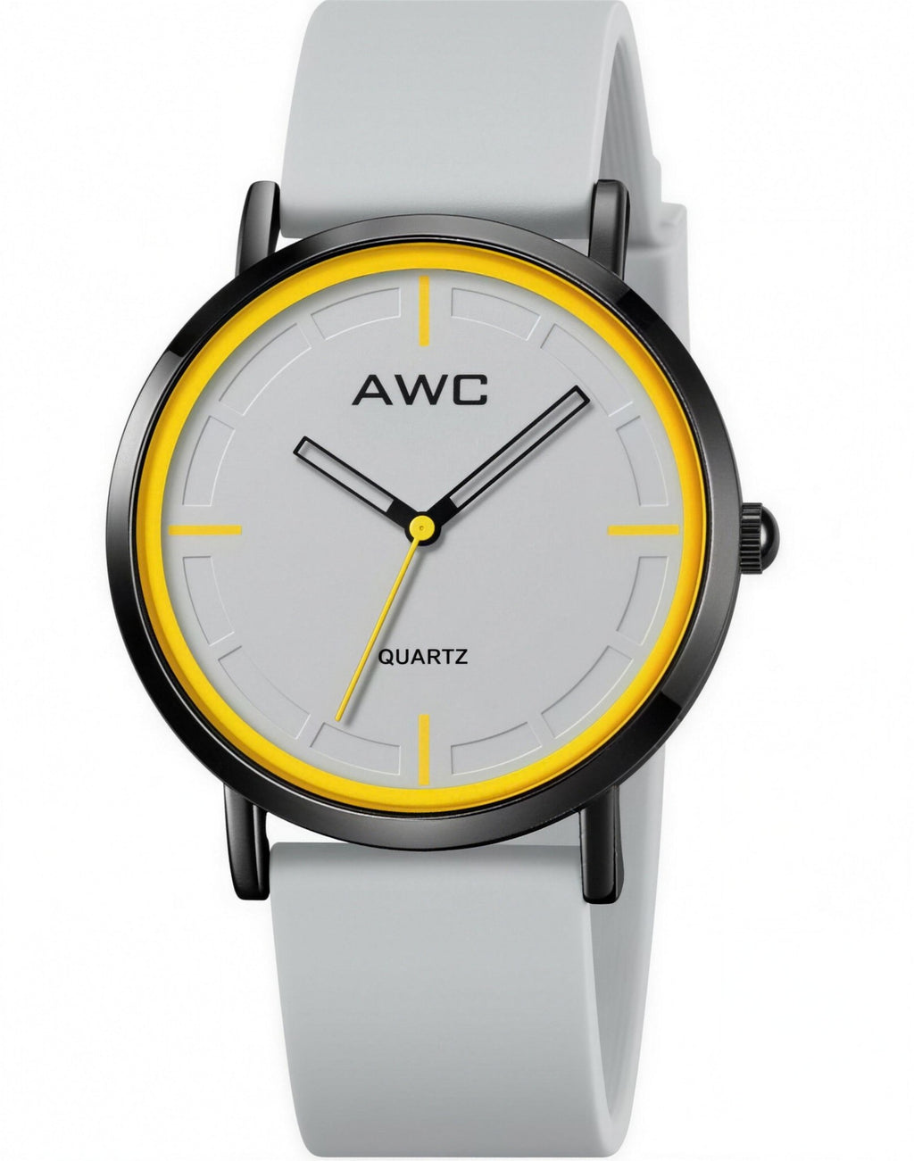 AWC Minimalist Quartz watch, grey dial with yellow ring and white silicone strap, front view on white