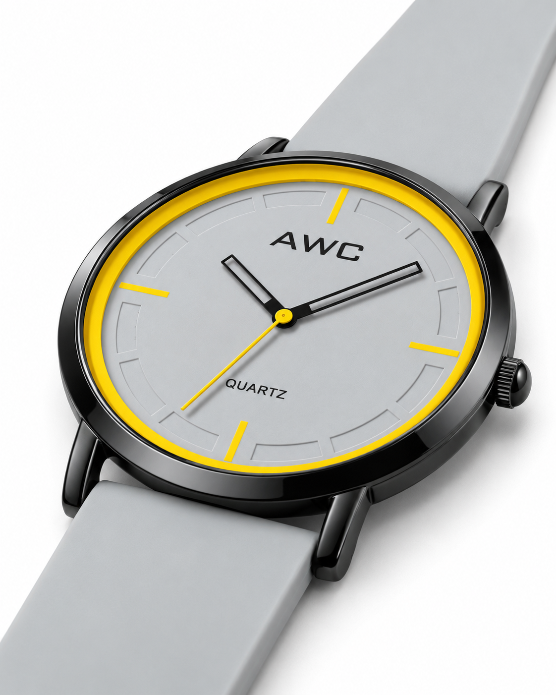 AWC Minimalist Quartz grey dial watch with yellow ring, low angle product view on white