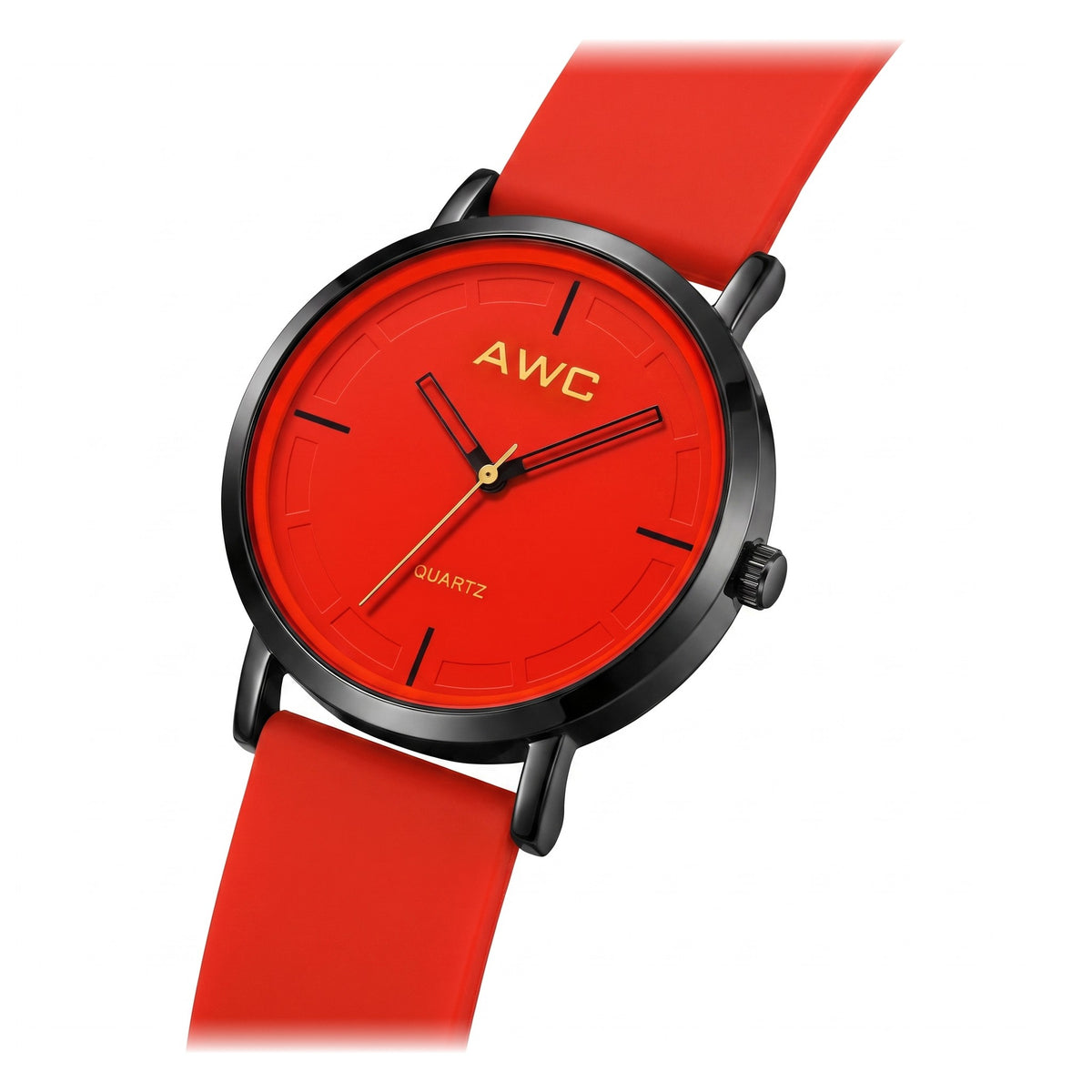 AWC Minimalist Quartz red dial watch, three-quarter view showing case side, crown and lugs