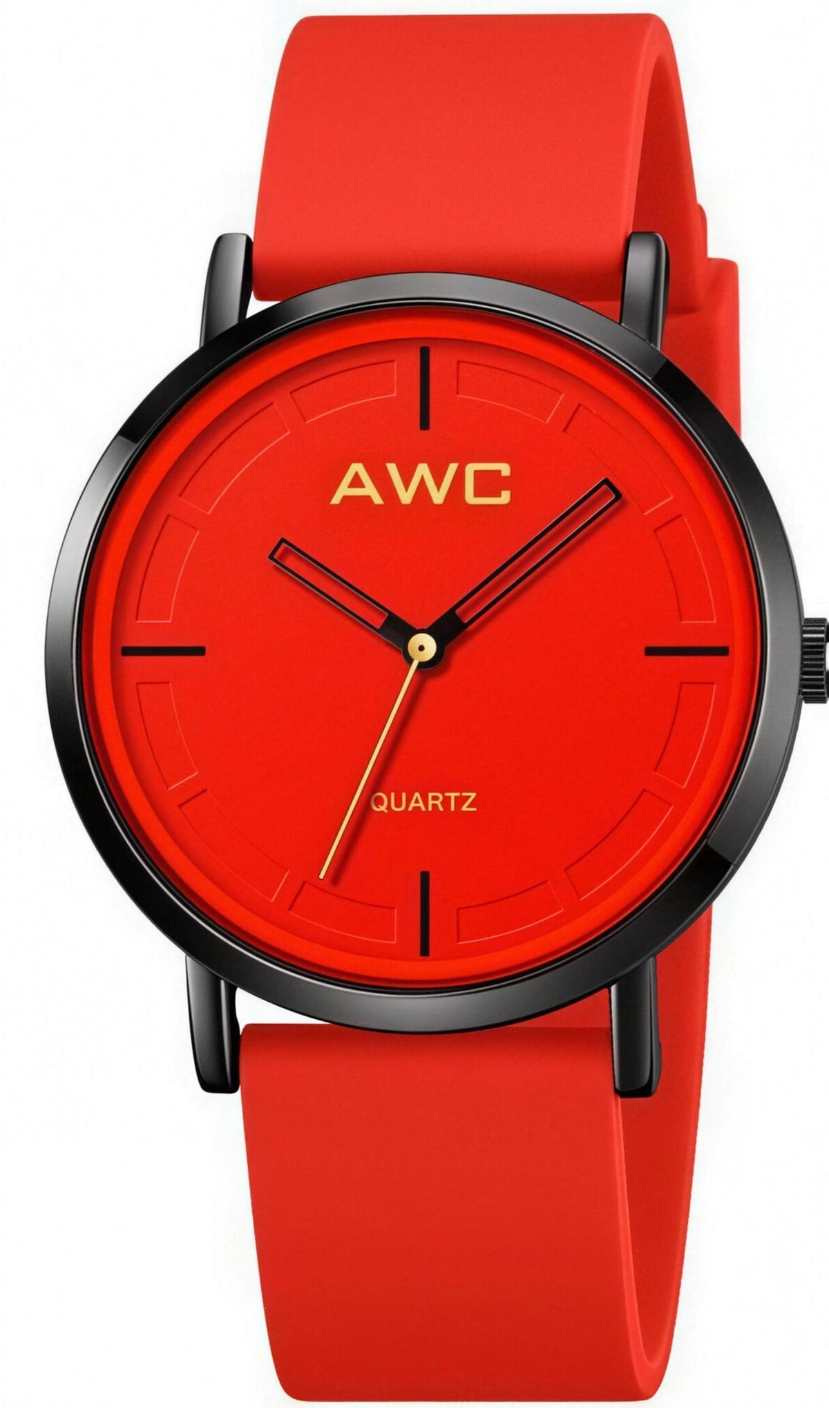 AWC Minimalist Quartz watch, red dial with gold AWC logo and red silicone strap, front view on white