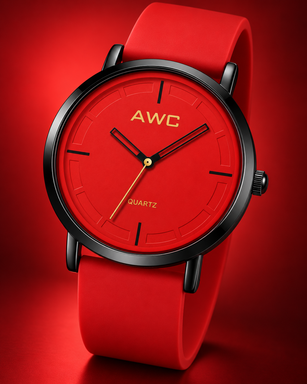 AWC Minimalist Quartz red dial watch, editorial studio hero on red gradient