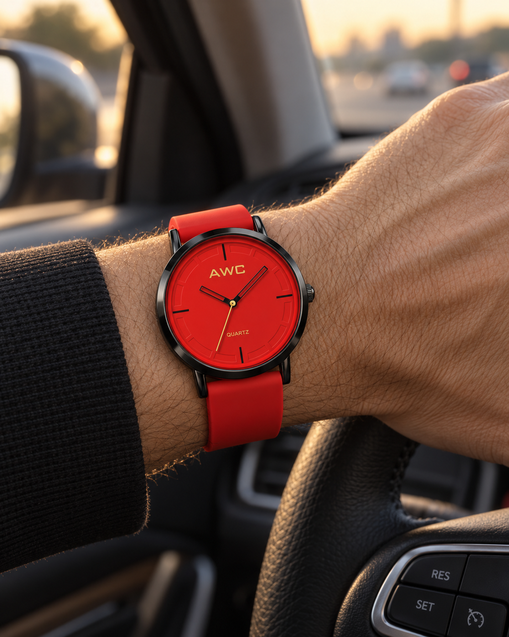 AWC Minimalist Quartz red dial watch worn while driving at golden hour