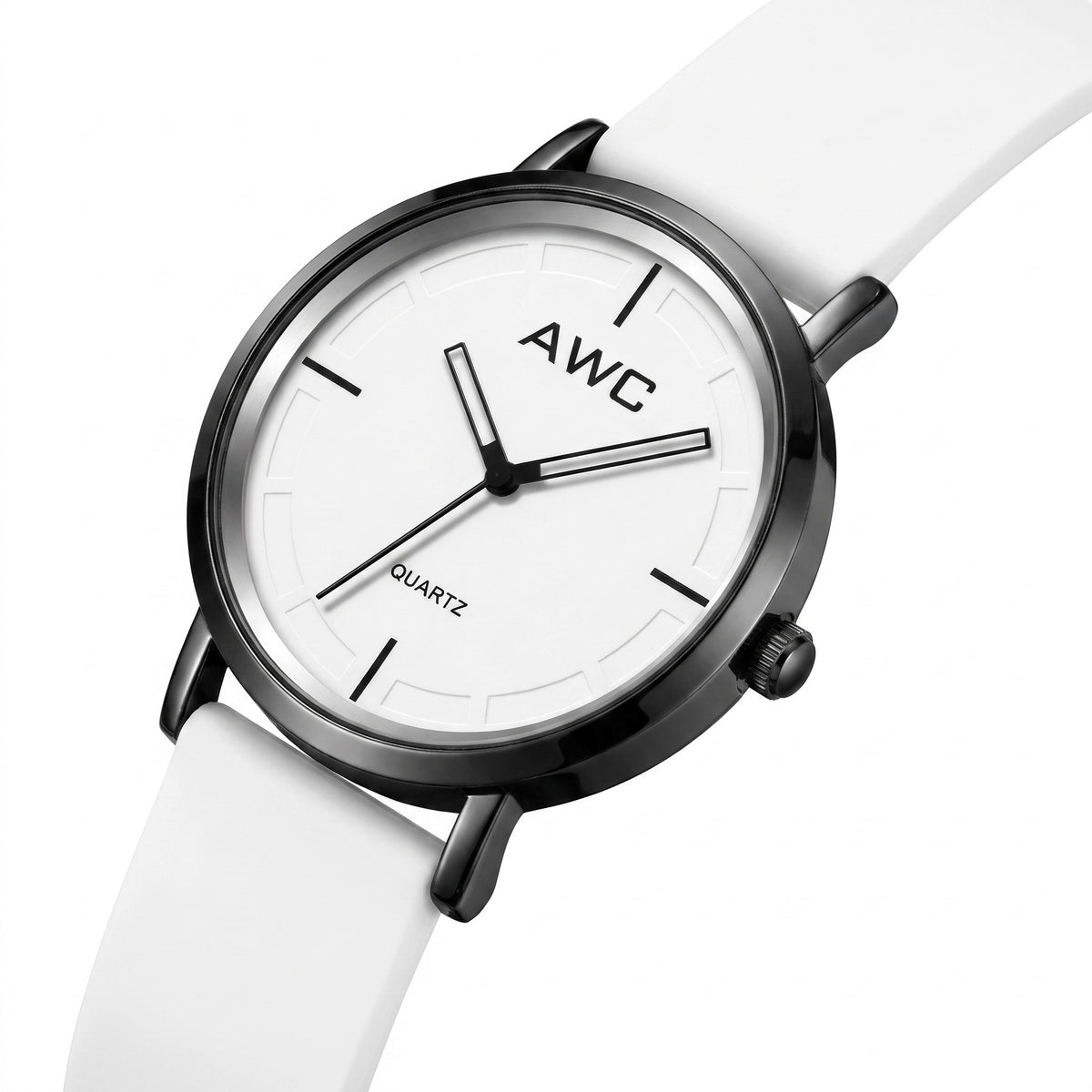 AWC Minimalist Quartz white dial watch, three-quarter view showing case side, crown and lugs