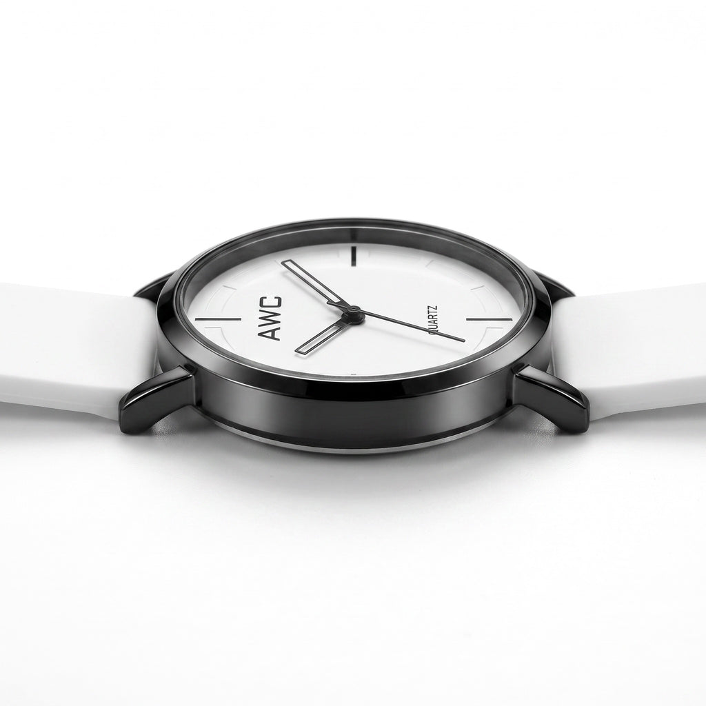 AWC Minimalist Quartz white dial watch, low side profile showing the 8.8mm case thickness and crown