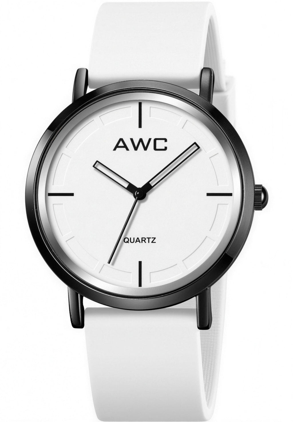 AWC Minimalist Quartz watch, white dial and white silicone strap, front view on white