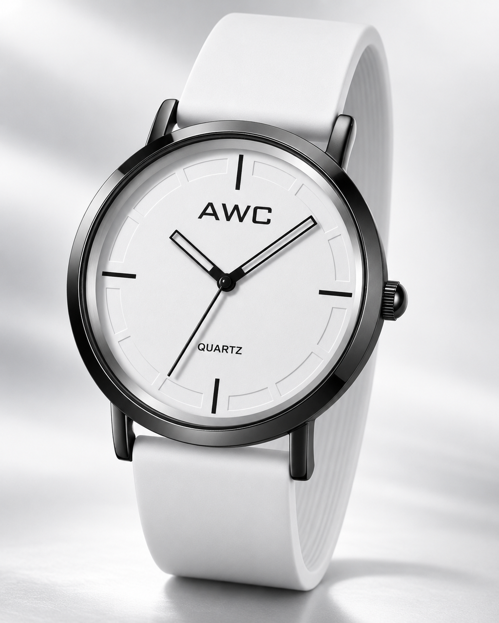 AWC Minimalist Quartz white dial watch, floating three-quarter studio hero